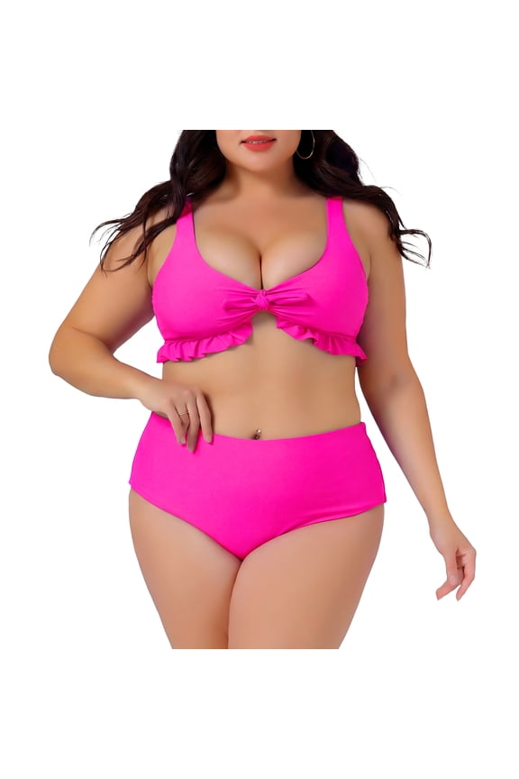 Women's Plus Size 2 Piece Swimsuits Tie High Waisted Ruffle Tummy Control Bathing Suits Swimwear 4X Hot Pink