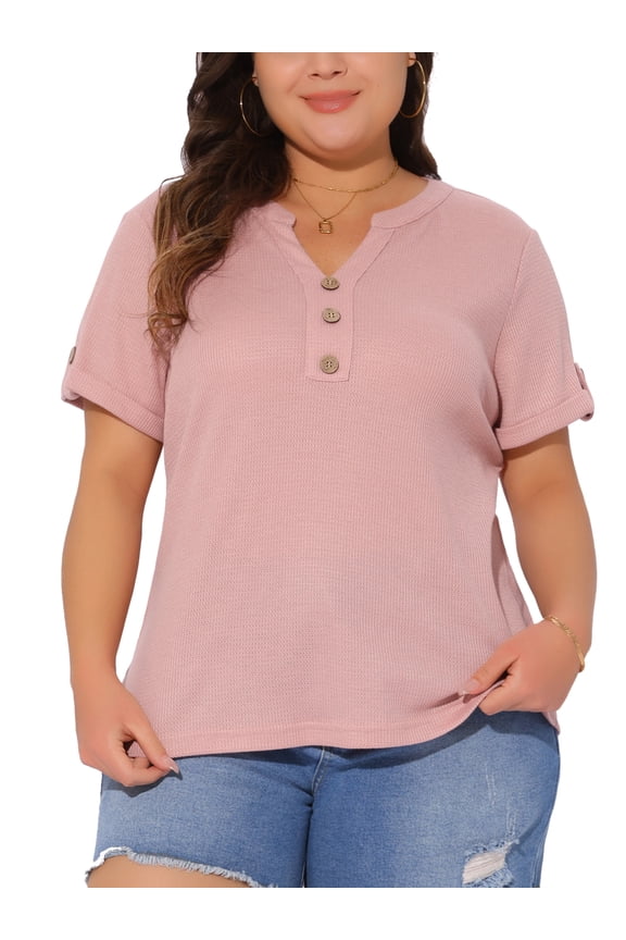 Women's Plus Size Waffle Tunic Tops Button Decor V Neck Roll Short Sleeve Summer Tshirt Casual Blouse 2X Pink