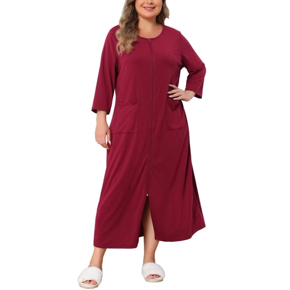 GRACE & GRANDEUR Women's Plus Size Zip Front Robe Long 3/4 Sleeve Loungewear with Pockets 2X Red