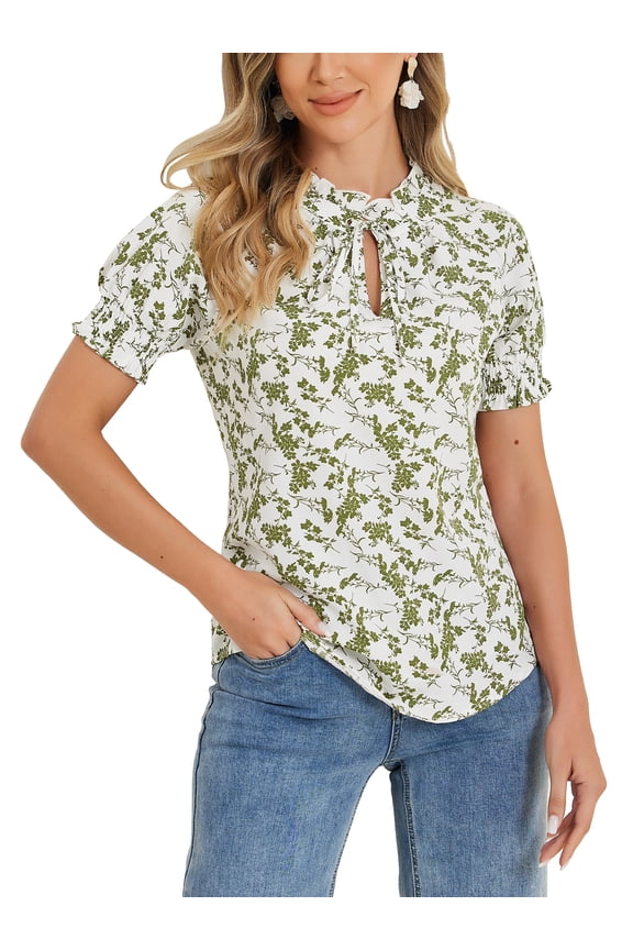 Women's Ruffle Tie Neck Casual Short Sleeve Floral Blouse M Green
