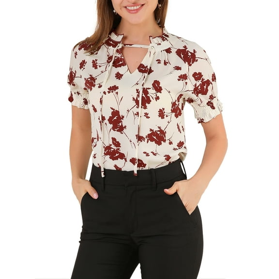 GRACE & GRANDEUR  Valentine's Day Women's Ruffle Tie Neck Casual Short Sleeve Floral Blouse XS Beige