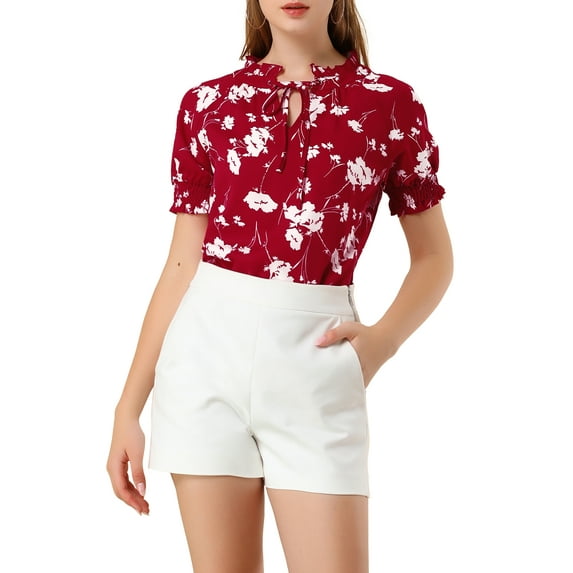 INSPIRE CHIC Women's Ruffle Tie Neck Casual Short Sleeve Floral Mother's Day Blouse Wine Red XS