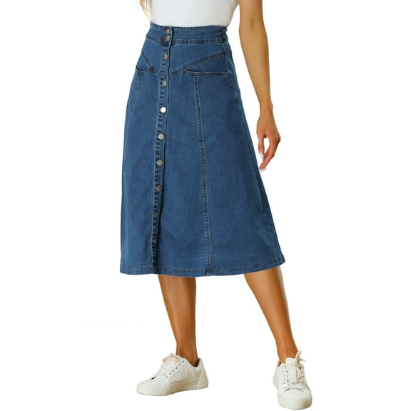 GRACE & GRANDEUR Womens' Stretchy High Waist Buttons Front A-Line Flowy Midi Skirts with Pockets XS Blue