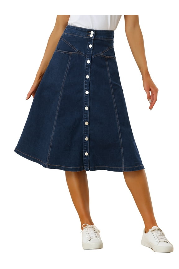 Womens' Stretchy High Waist Buttons Front A-Line Flowy Midi Skirts with Pockets L Dark Blue
