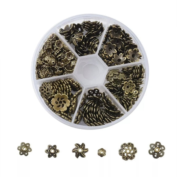 GRACEARA 1 Box Antique Bronze Flower 6-Petal Tibetan Style Alloy Bead Caps Crafts 8x2cm