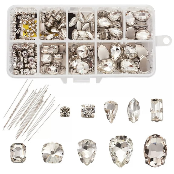 GRACEARA 1 Box Clear Glass Sew on Rhinestone Brass Prong Settings Garments Accessorie Set