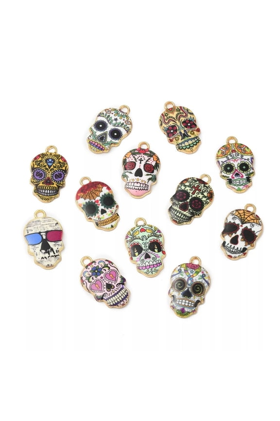 100 pcs Eco-friendly Alloy Enamel Pendants Sugar Skull Charms Colorful 22x13x2mm