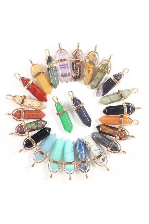 100pcs 100 Crystal Stone Hexagonal Golden Metal Pendants Reiki Healing Energy