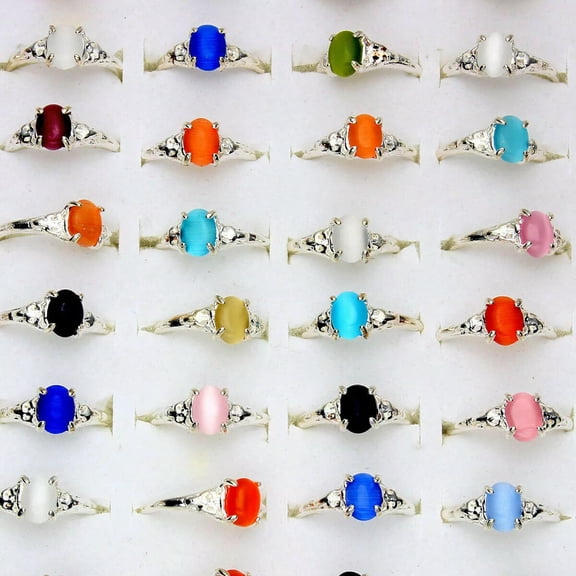 GRACEARA 100pcs Wholesale Lots Mixed Style Cat's-eye Stone Rings For Women Silver P Ring