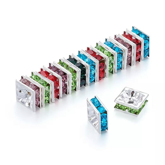 GRACEARA 100x Silver Metal Mixed Color Square Nickel Free Rhinestone Spacer Beads 8x8x4mm