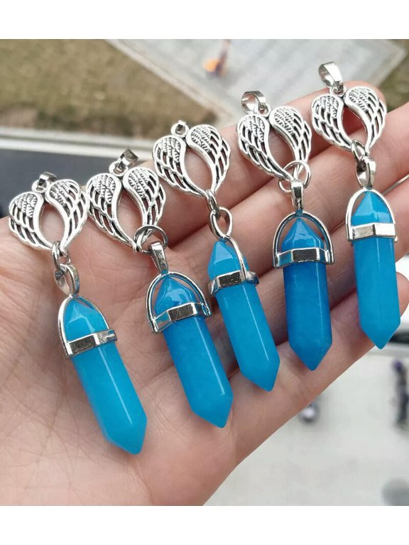 10pcs Blue Jade Gems stone Angel Heart Pendants Chakra Reiki Healing Amulet