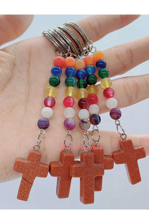10pcs Gold Sand Stone Cross Pendants 7 Chakra Key Bag clasp Reiki Amulet