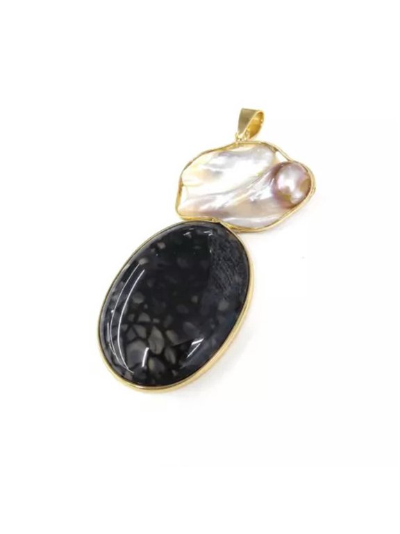 10pcs Natural Stone Agates with Shell Pendant Charms Pendants For DIY Necklace-Black Agate
