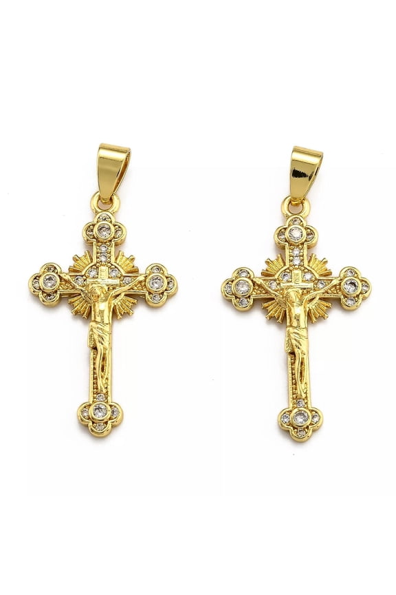 10x Cross 18K Gold Plated Brass Micro Pave Clear Cubic Zirconia Pendants 33x19mm