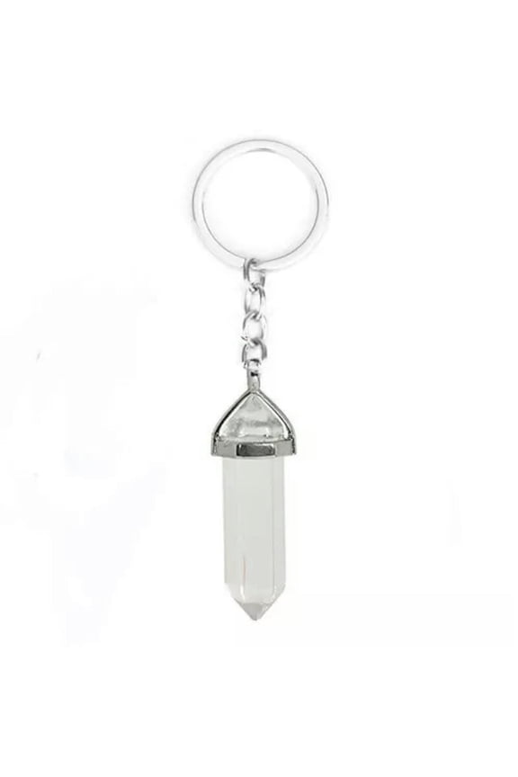 20PCS Hexagonal Pointed Stone Gem Crystal Keychain Key Ring Natural Healing-White crystal