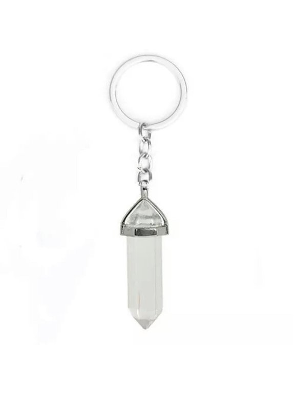 20PCS Hexagonal Pointed Stone Gem Crystal Keychain Key Ring Natural Healing-White crystal