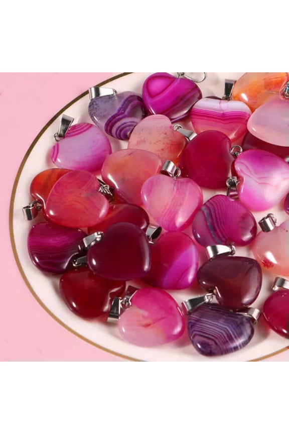 25pcs Onyx Stripe Agate Heart Stone Pendants Charms for Jewelry Making Necklace-red