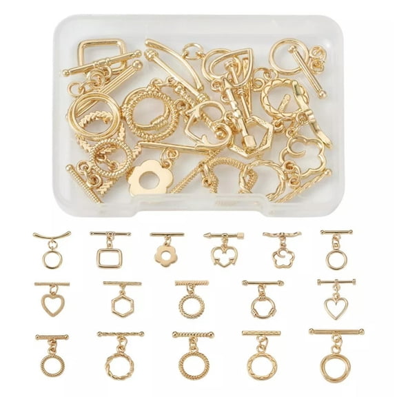 GRACEARA 32Pc/Box Brass Light Gold Heart Flower Round Ring Toggle Clasps Jewelry Findings