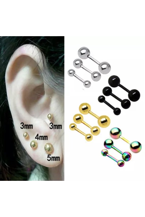 3Pairs 3/4/5mm Round Ball Earrings Barbell Screw Back Ear Cartilage Tragus Studs