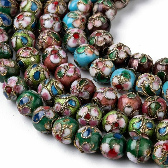 GRACEARA 5 Strands 8mm Vintage Handmade Flower Pattern Cloisonne Round Beads Strands