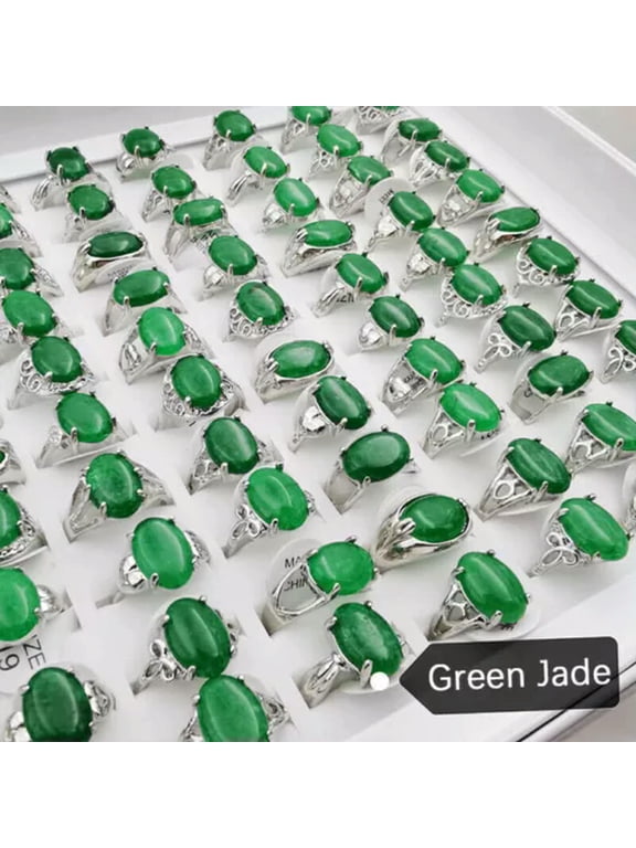 50Pcs Wholesale Lot Mixed Ring Natural Stone Rings Women Gemstone Jewelry Bulk-Green jade