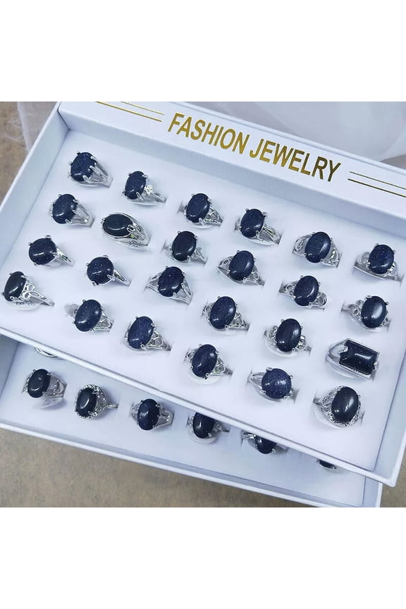 50Pcs Wholesale Ring Natural Blue Sand Stone Rings Women Gemstone Jewelry Bulk