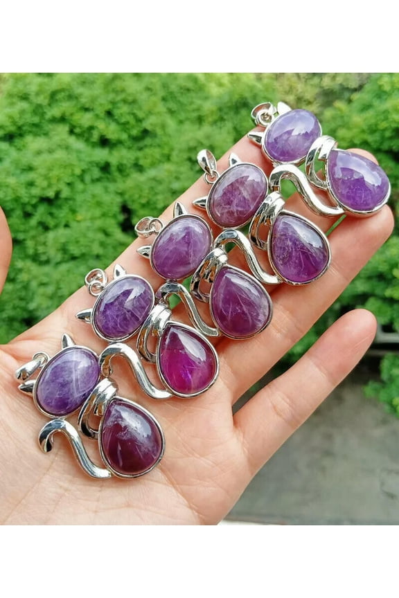 5pcs Amethyst stone Kitty Cat Healing Pendants Chakra Reiki Healing Amulet