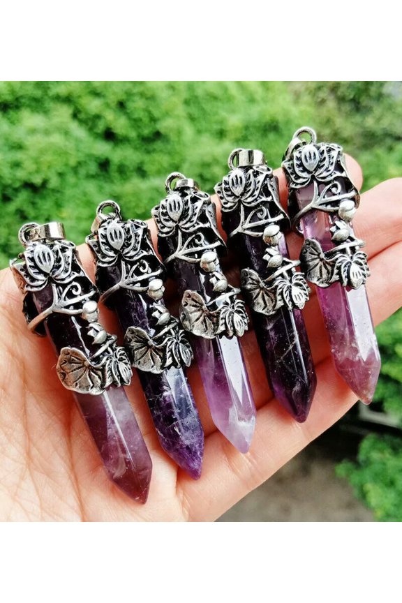 5pcs Amethyst stone Lotus Pendants Chakra Reiki Healing Amulet Energy