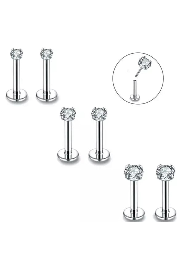 6PCS Cubic Zirconia Labret Surgical Steel Lips Tragus Cartilage Studs Pulg In