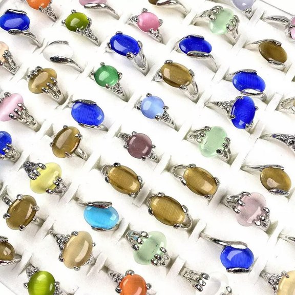 GRACEARA FREE Wholesale Lots Jewelry 40Pcs Natural Cat Eye Gemstone Silver Plated Rings