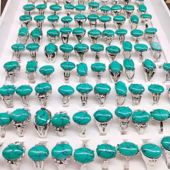 GRACEARA Wholesale Mixed Lots 36pcs Women Rings Natural Turquoise Jewelry Silver P Ring-Green Turquoise