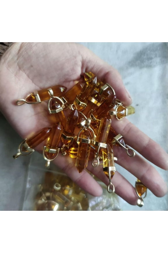 Yellow Crystal Glass 30pcs Gold Hexagonal Column Stone Pendants Jewelry Making