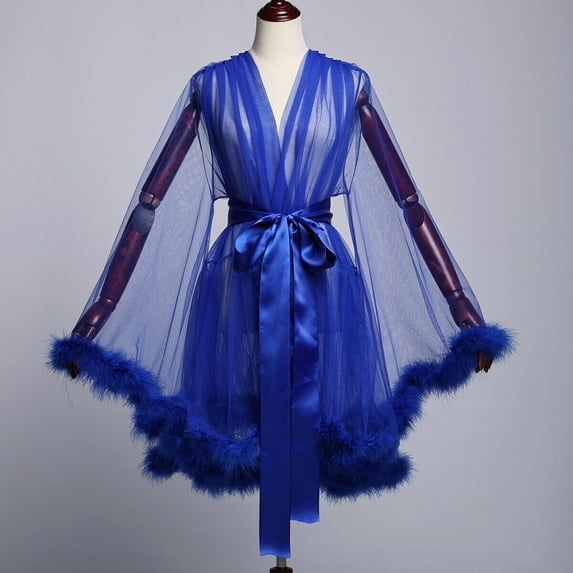 GRACEART Bridal Robe Sexy Wedding Illusion Nightgown Robe Bathrobe Sleepwear Faux Feather