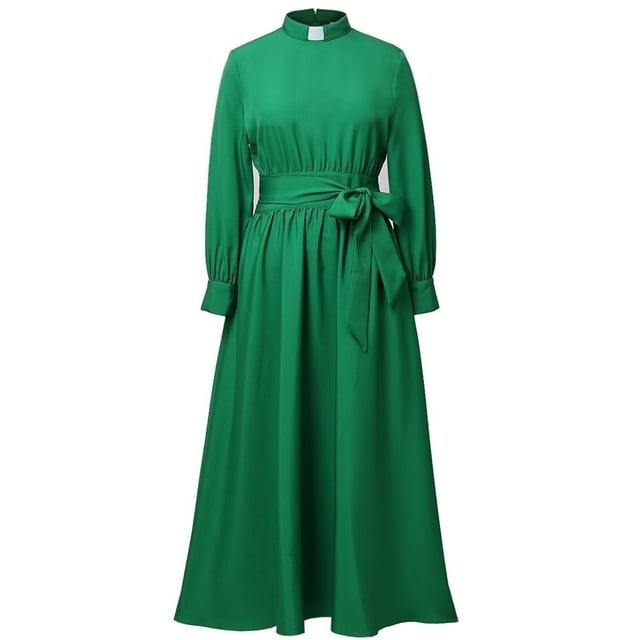 GRACEART Church Clergy Dress for Women Long Sleeve A Line Elegant Maxi Dress with Tab Insert Stand Collar and Belt