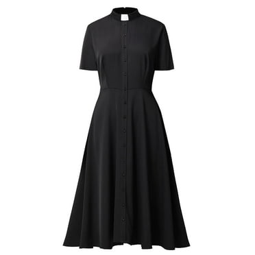 GRACEART Church Clergy Dress for Women Short Sleeve Rows Buttons A Line Dress with Tab Collar
