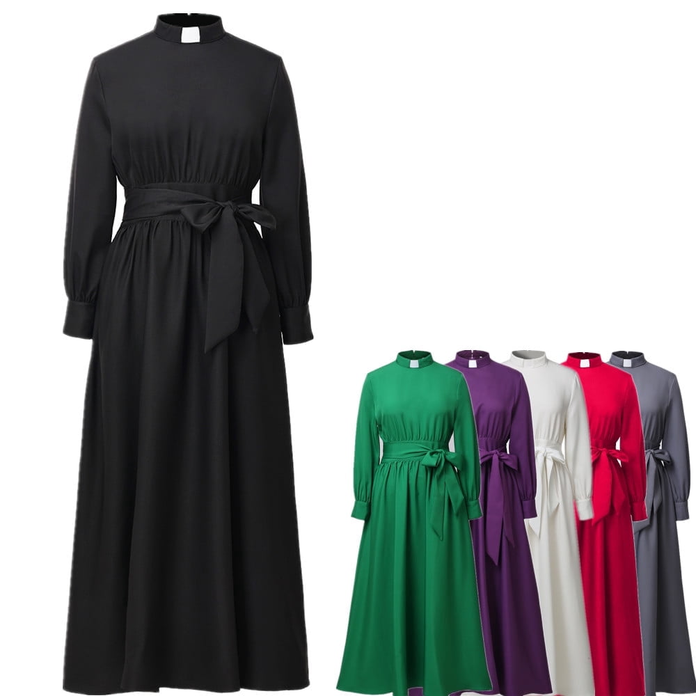 GRACEART Church Clergy Dress for Women Long Sleeve A Line Elegant Maxi Dress with Tab Insert Stand Collar and Belt