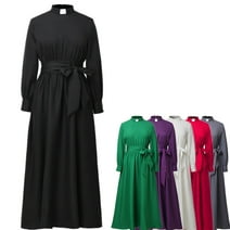 GRACEART Church Priest Clergy Dress for Women Long Sleeve Line Elegant Maxi Dress with Tab Insert Stand Collar and Belt