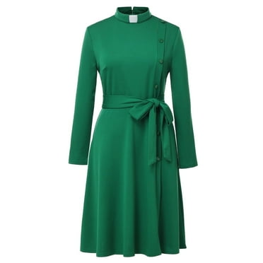 GRACEART Church Clergy Dress for Women Spring/Autumn Long Sleeve Rows Buttons A Line Dress with Tab Collar and Belt