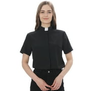 GRACEART Ladies Clergy Removable Shirt Tab Collar Women's Clergy Shirt Tab Collar Short Sleeve Cotton Blended Stretch Blouse