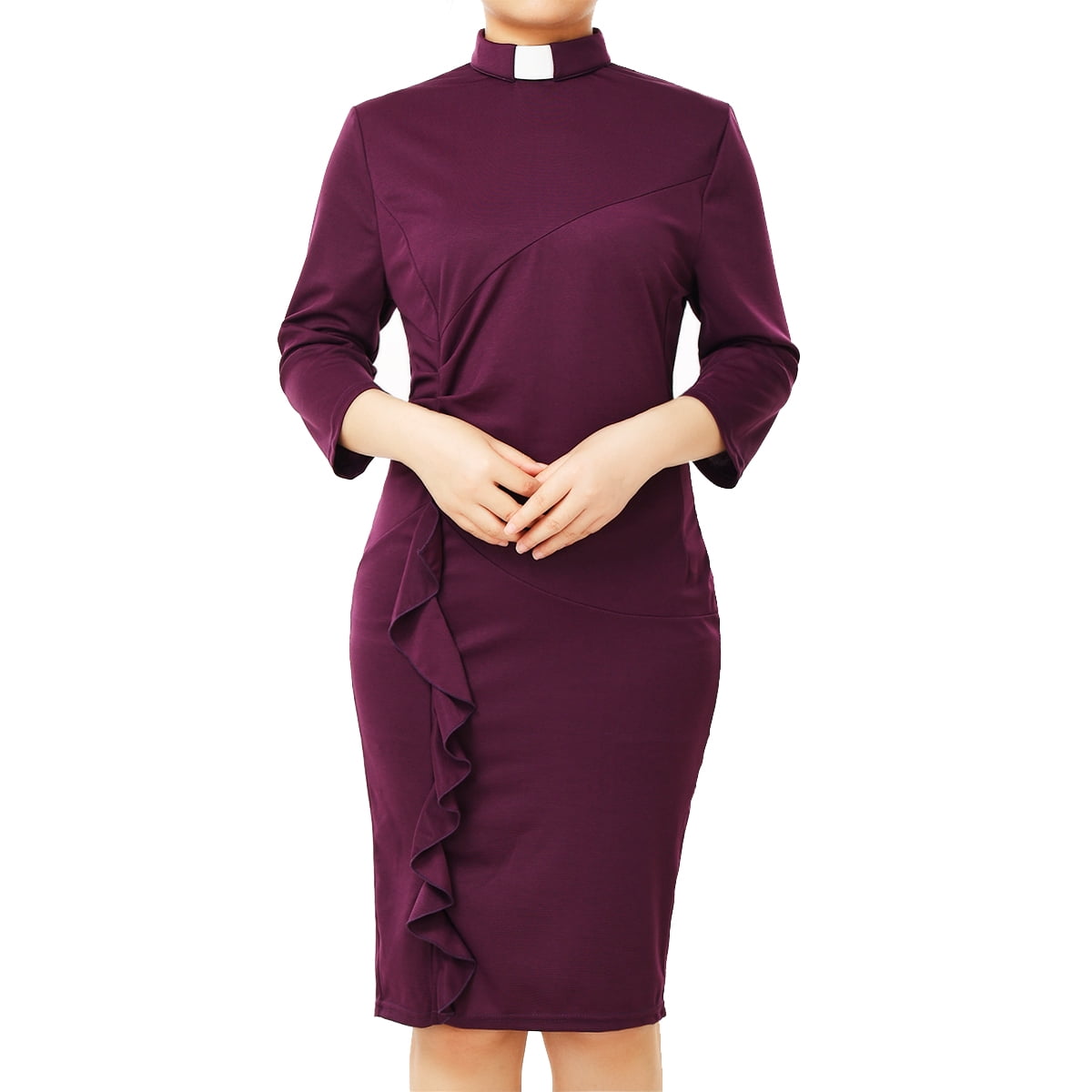 BPURB Women's Clergy Dress – Pencil Fishtail With Tab Collar, Elegant Church Or Wedding Dress