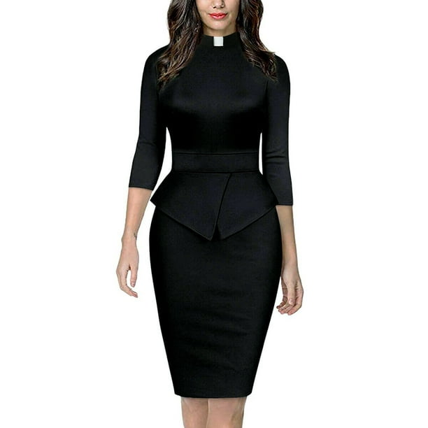 GRACEART Women Clergy Dress Tab Collar Priest Peplum Dress Pastor Clerical Dress Midi