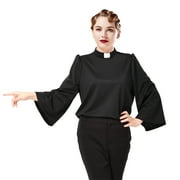 GRACEART Women Clergy Shirt Removedable Tab Collar Flare Sleeves Black Color Pastor Priest Blouse