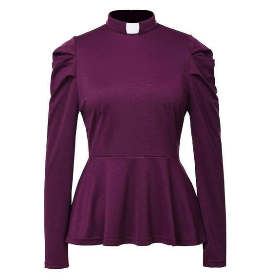 GRACEART Women's Elegant Clergy Shirt Long Sleeve Ruffle Hem Ministers Blouse Casual Tops