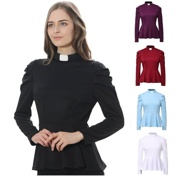 GRACEART Women's Elegant Clergy Shirt Long Sleeve Ruffle Hem Ministers Blouse Casual Tops