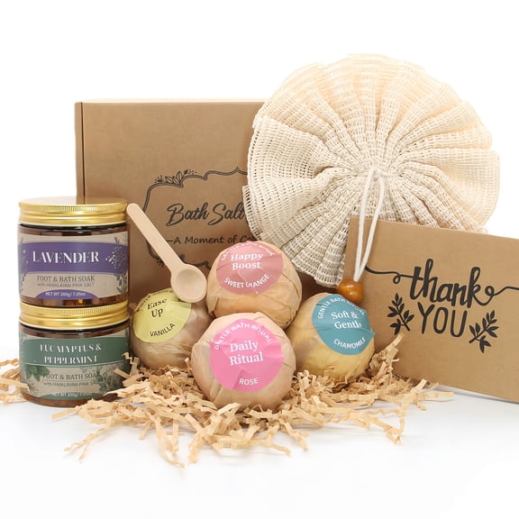 GRACETOP Luxury Bath Gift Box for Women 4 Bath Bombs, 2 Salt Soaks, Loofah & Scoop, Ideal for Mothers Day, Birthday & Valentines Day