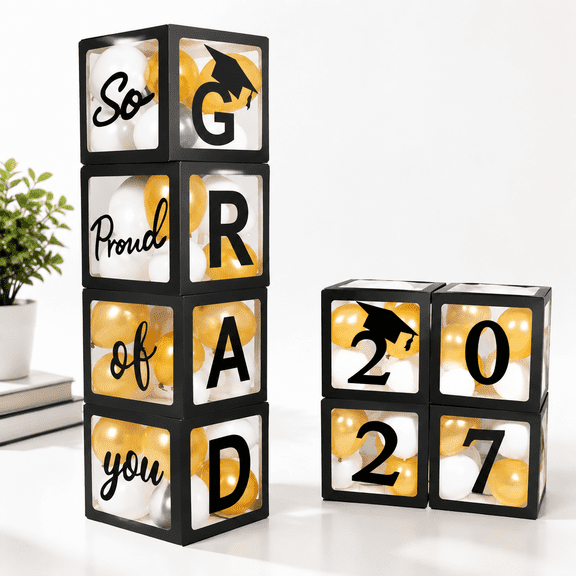 GRAD 2027 Graduation Party Decoration Kit 4 Piece Black Balloon Boxes with Letters