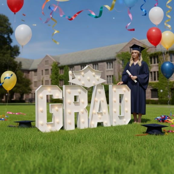 GRAD Light Letters Kit, 4 White Foam Board Letters (48x70cm Each) and Graduation Cap with Warm LED Glow, Ideal for Graduation Parties and Keepsake Gifting