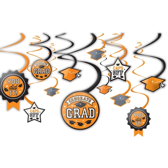 GRADUATION HANGING SWIRLS Party Decorations ORANGE Congrats Grad Room Decor