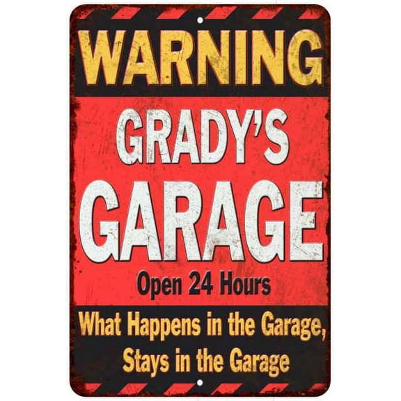 GRADY'S Garage Warning Man Cave Wall Decor 8 x 12 High Gloss Metal 208120030462