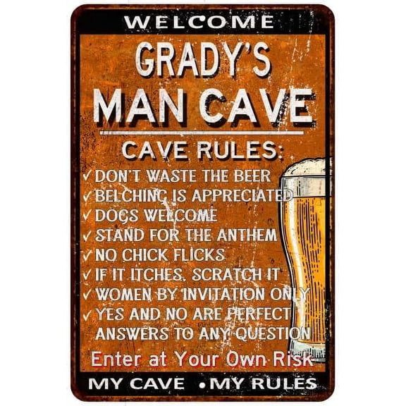 GRADY'S Man Cave Rules Rusty Gift Sign Garage Decor 12x18 112180051169